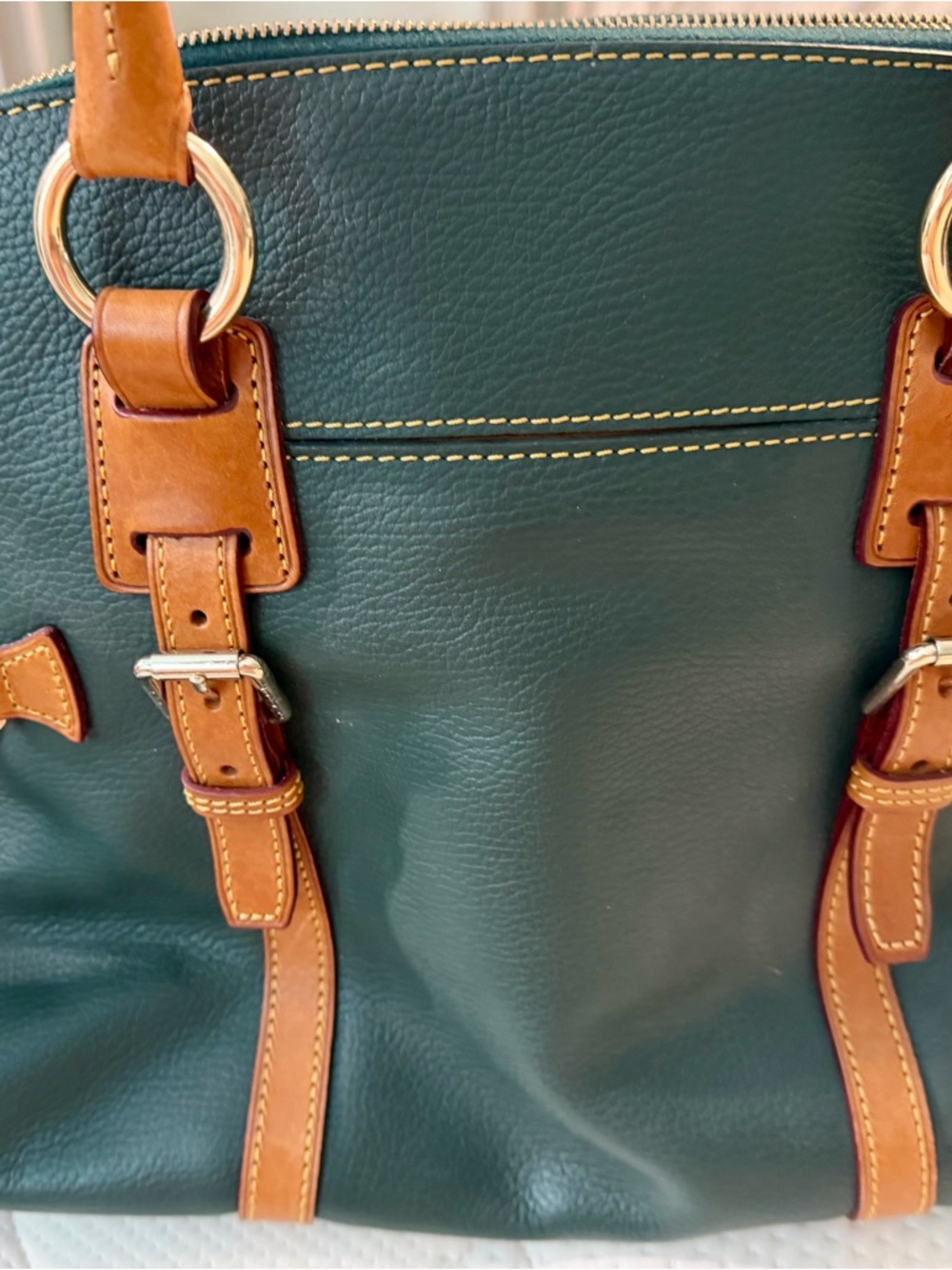 Dooney & Bourke Forest Green Leather Tote with Tan Trim - Picture 2 of 7